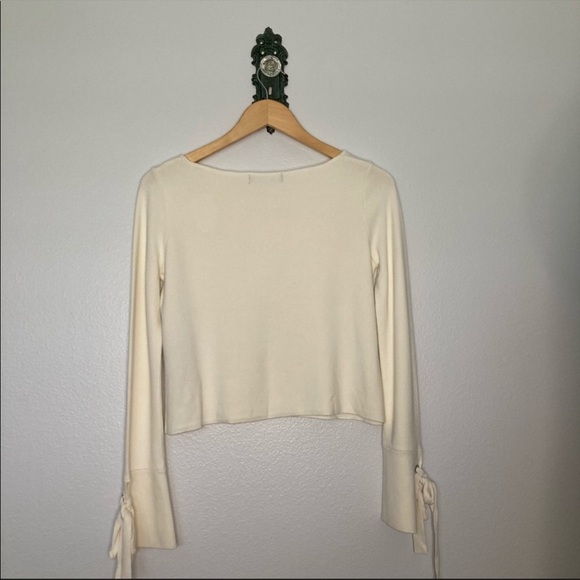 Zara Knit Cream Tie Sleeve Ribbed Cropped Sweater - Picture 2 of 5